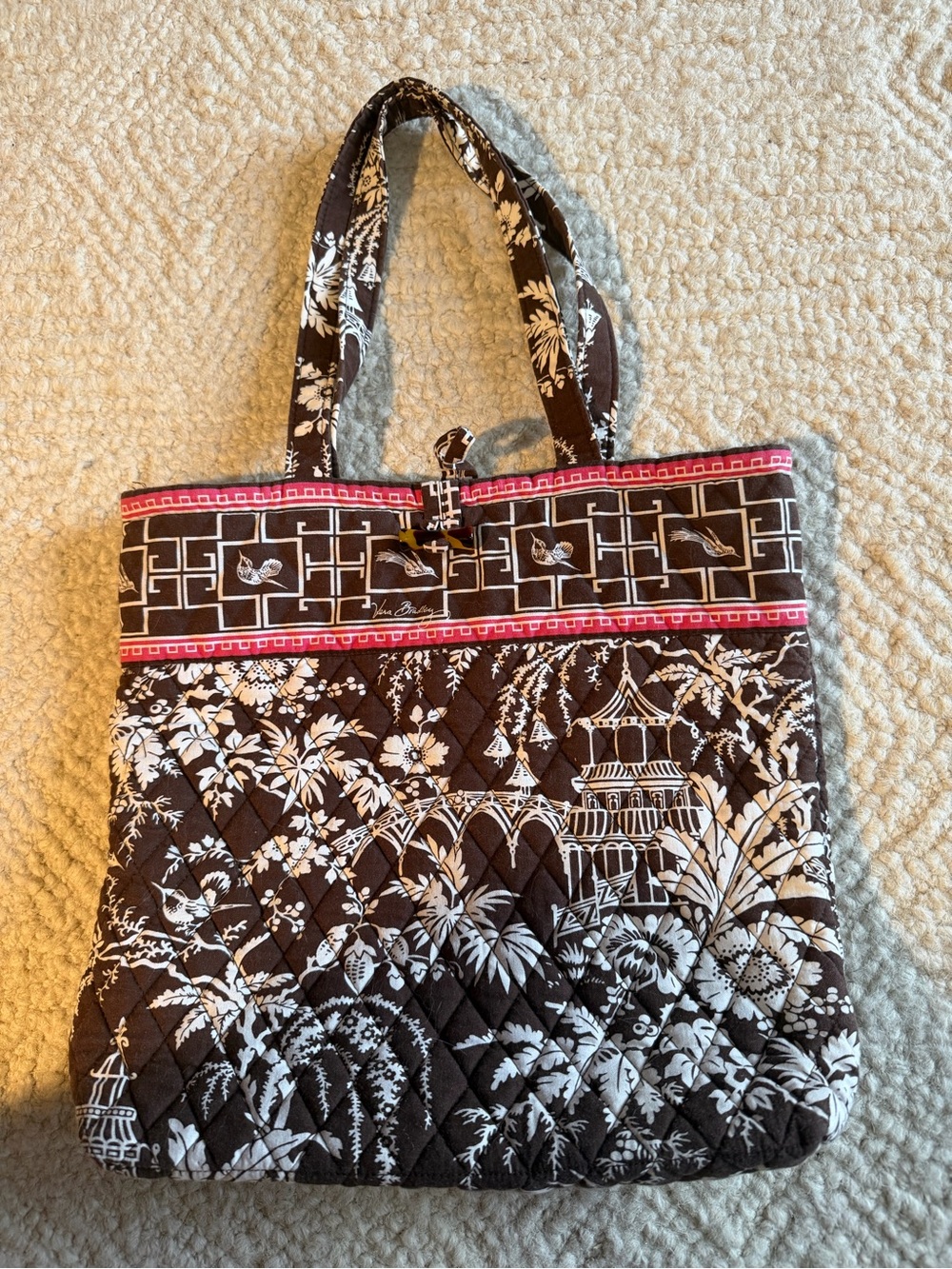 Vera Bradley Tote Bag Imperial Toile Brown Pink Trim Quilted Cotton Retired Vtg